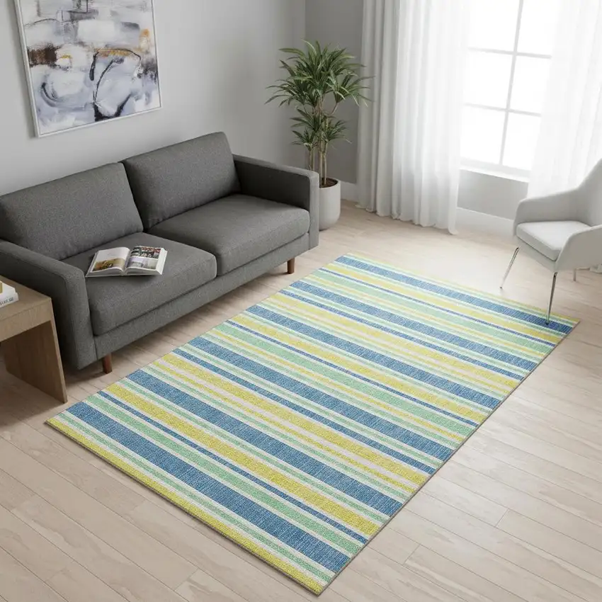 Yellow And Blue Striped Washable Area Rug With UV Protection Photo 2