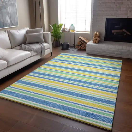 Yellow And Blue Striped Washable Area Rug With UV Protection Photo 6