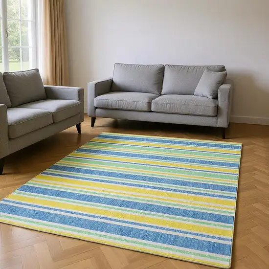 Yellow And Blue Striped Washable Area Rug With UV Protection Photo 2