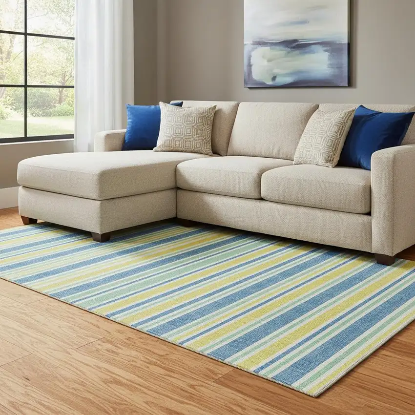 Yellow And Blue Striped Washable Area Rug With UV Protection Photo 1