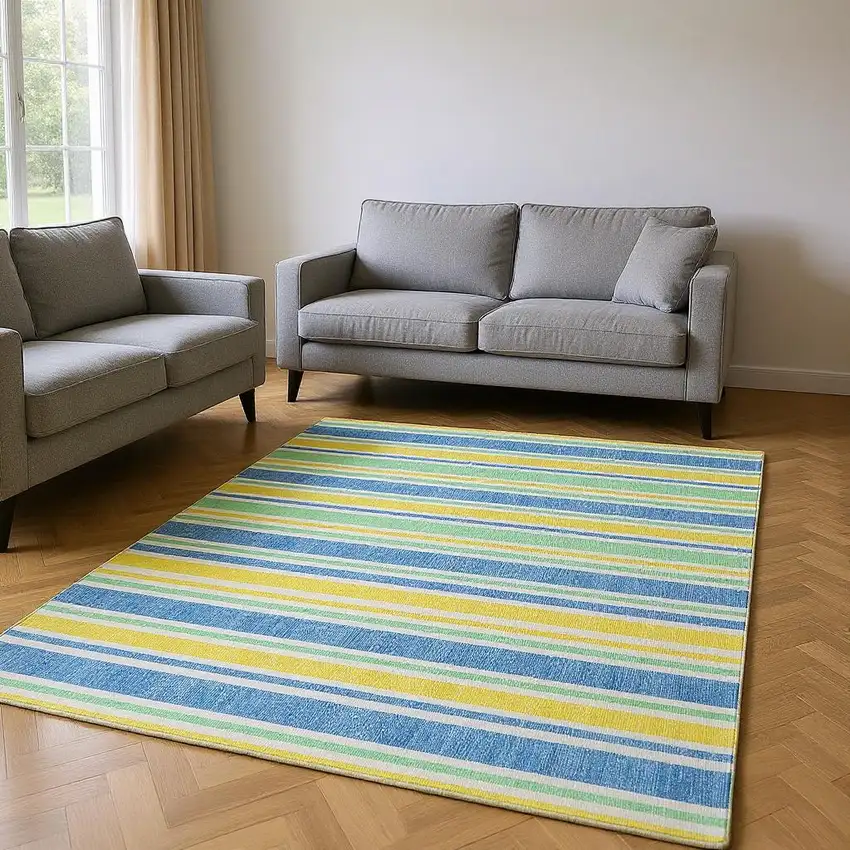Yellow And Blue Striped Washable Area Rug With UV Protection Photo 2