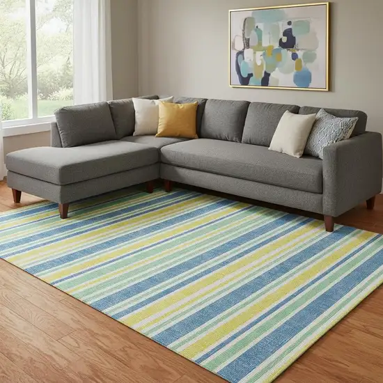 Yellow And Blue Striped Washable Area Rug With UV Protection Photo 1