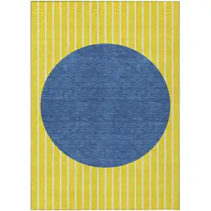 Photo of Yellow And Blue Striped Washable Indoor Outdoor Area Rug