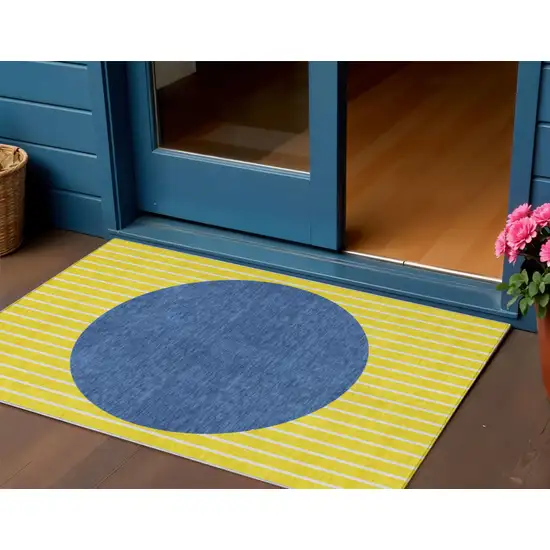 Yellow And Blue Striped Washable Indoor Outdoor Area Rug Photo 1