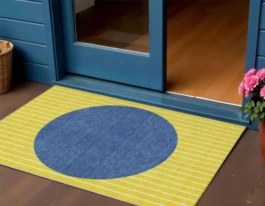 Yellow And Blue Striped Washable Indoor Outdoor Area Rug Photo 1