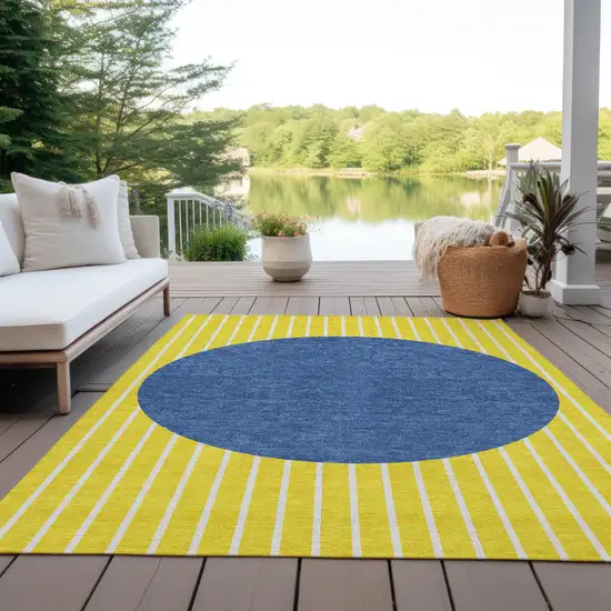 Yellow And Blue Striped Washable Indoor Outdoor Area Rug Photo 9