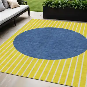 Photo of Yellow And Blue Striped Washable Indoor Outdoor Area Rug