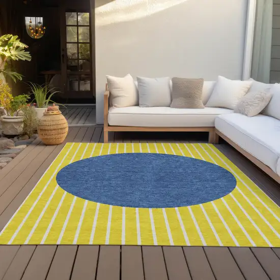 Yellow And Blue Striped Washable Indoor Outdoor Area Rug Photo 7