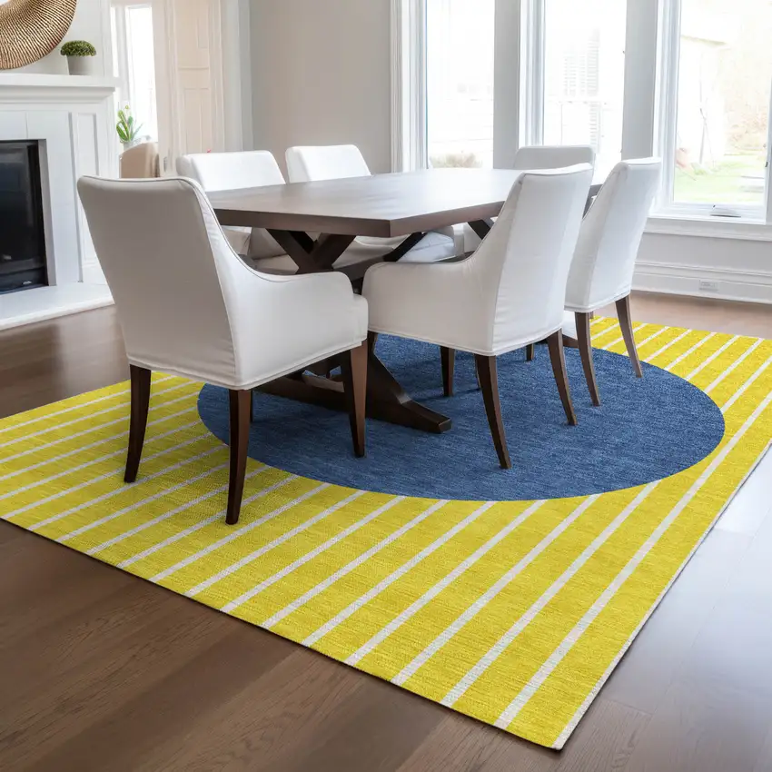 Yellow And Blue Striped Washable Indoor Outdoor Area Rug Photo 9