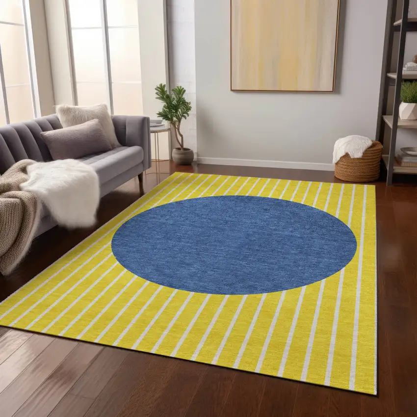 Yellow And Blue Striped Washable Indoor Outdoor Area Rug Photo 8