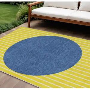 Photo of Yellow And Blue Striped Washable Indoor Outdoor Area Rug