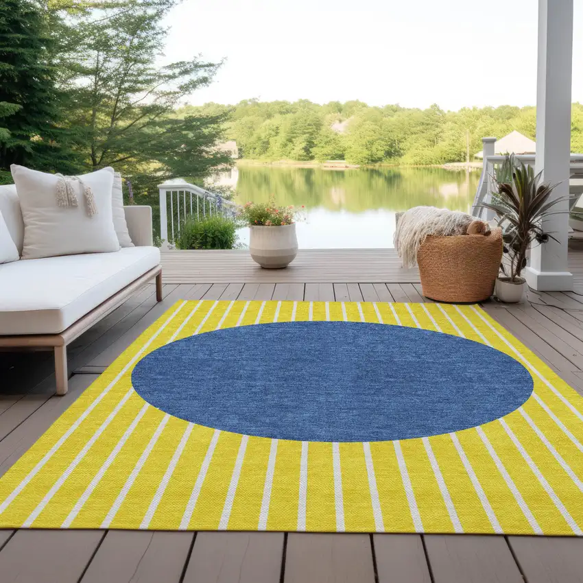 Yellow And Blue Striped Washable Indoor Outdoor Area Rug Photo 9