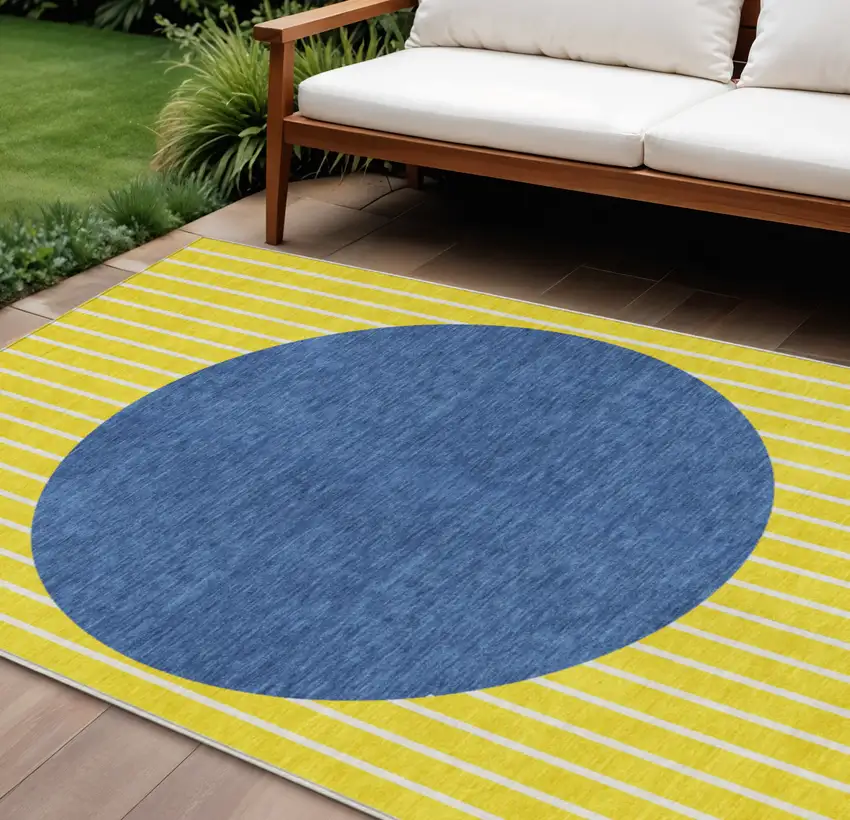 Yellow And Blue Striped Washable Indoor Outdoor Area Rug Photo 1
