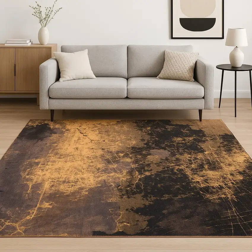 Yellow And Brown Abstract ,Washable, Area Rug Photo 1