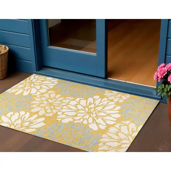 Yellow And Cream Floral Indoor Outdoor Area Rug Photo 1