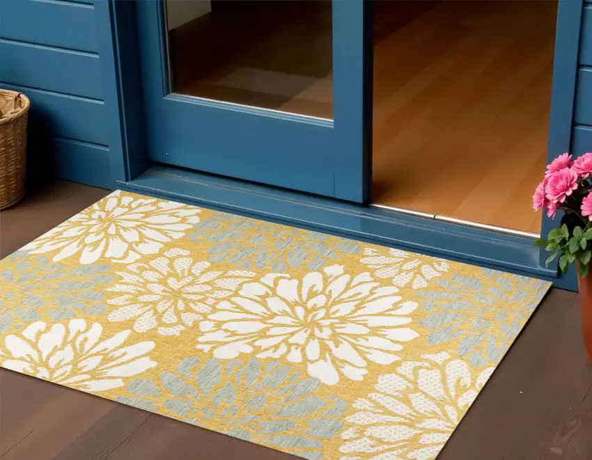 Yellow And Cream Floral Indoor Outdoor Area Rug Photo 1