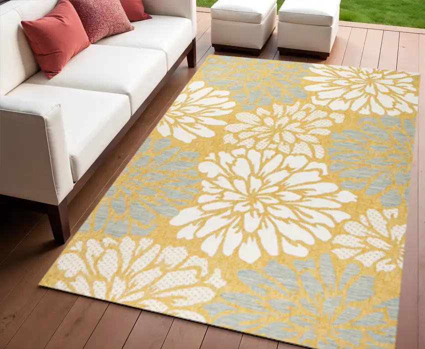 Yellow And Cream Floral Indoor Outdoor Area Rug Photo 1