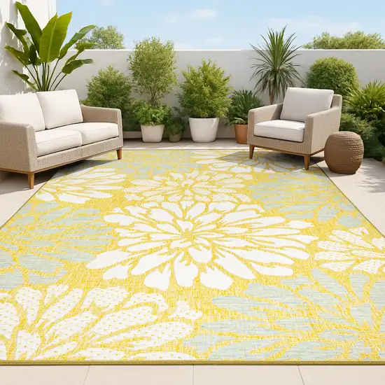 Yellow And Cream Floral Indoor Outdoor Area Rug Photo 4