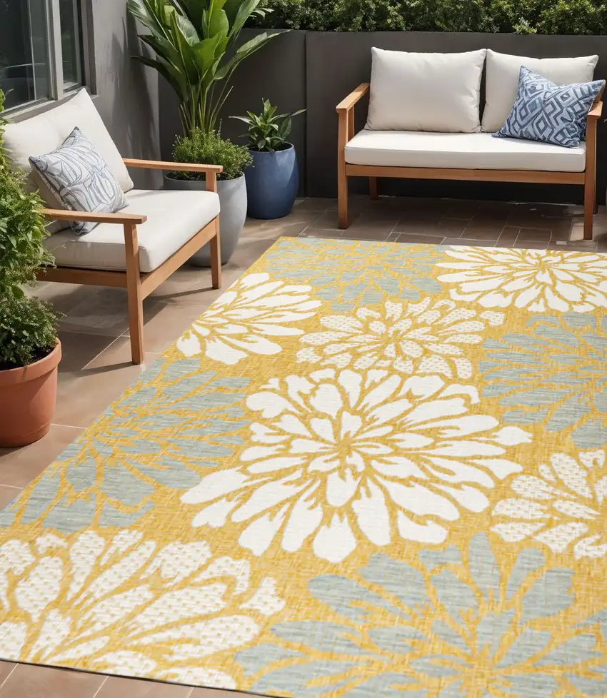 Yellow And Cream Floral Indoor Outdoor Area Rug Photo 1