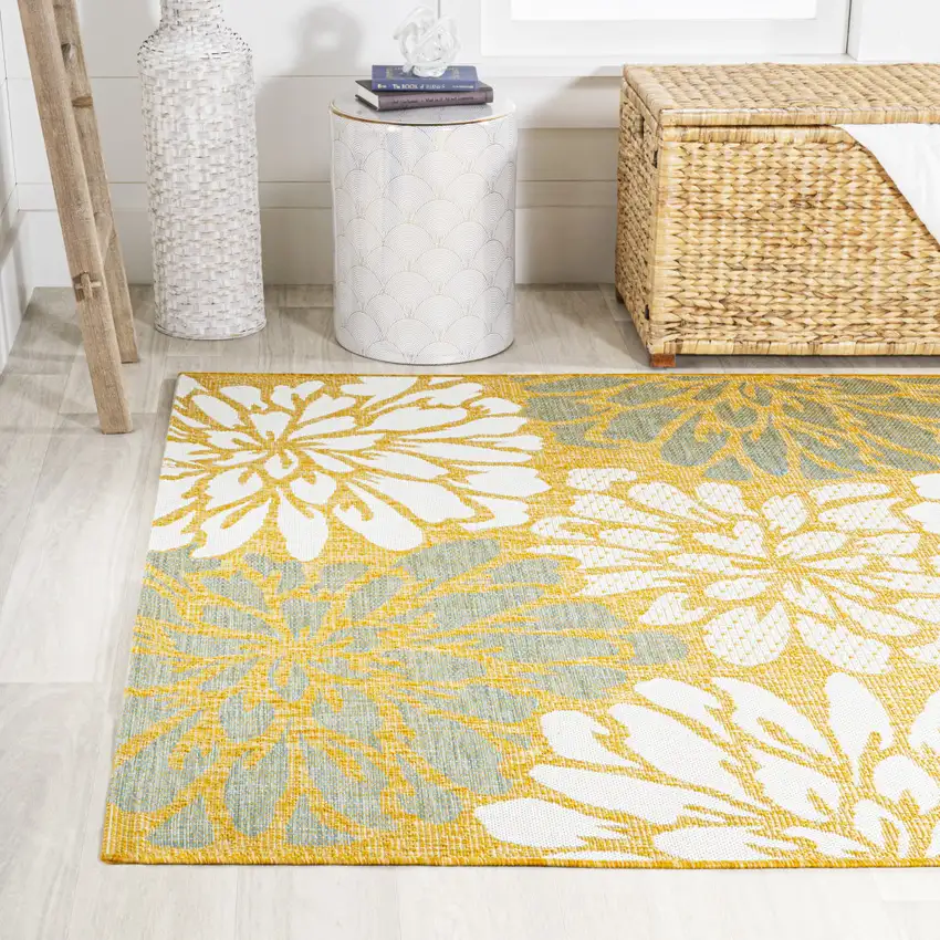Yellow And Cream Floral Indoor Outdoor Area Rug Photo 6