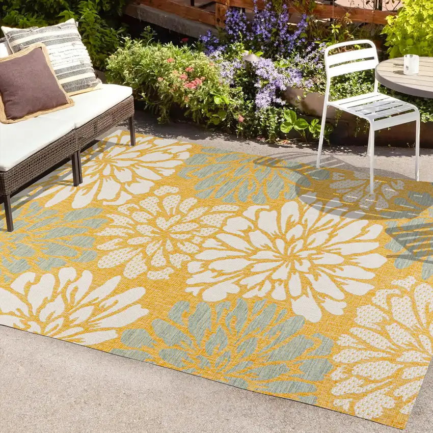 Yellow And Cream Floral Indoor Outdoor Area Rug Photo 9