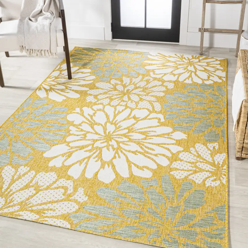 Yellow And Cream Floral Indoor Outdoor Area Rug Photo 5