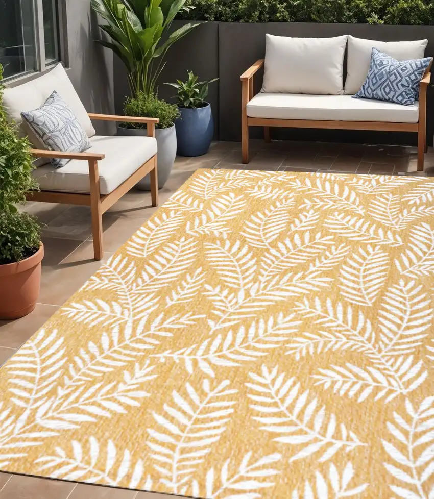 Yellow And Cream Floral Indoor Outdoor Area Rug Photo 1
