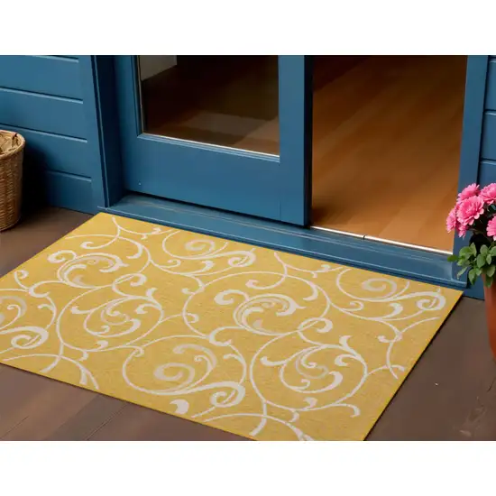 Yellow And Cream Floral Indoor Outdoor Area Rug Photo 1