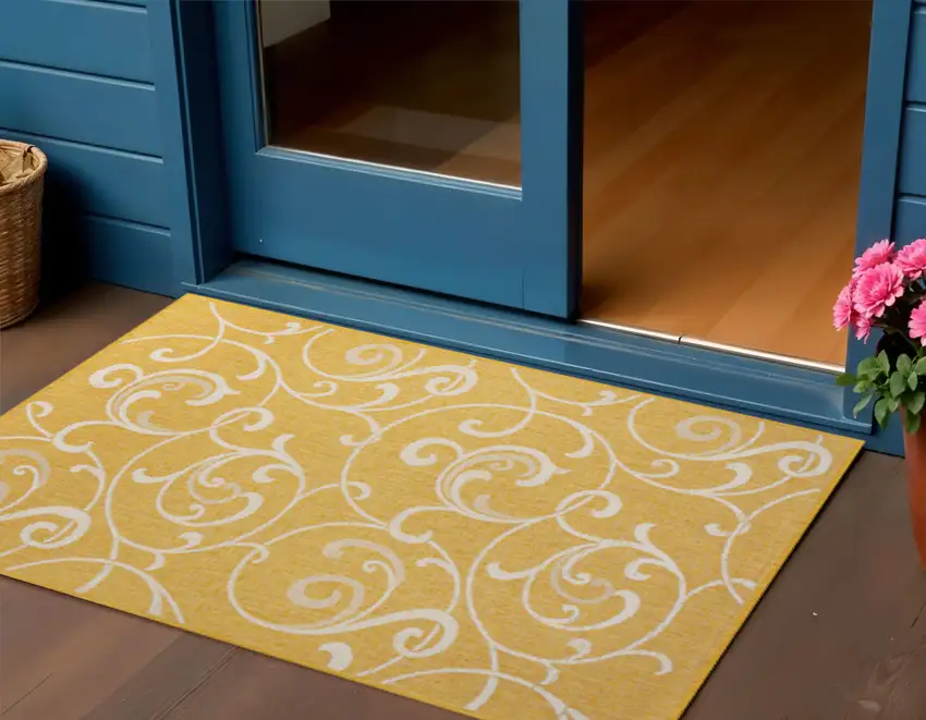 Yellow And Cream Floral Indoor Outdoor Area Rug Photo 1
