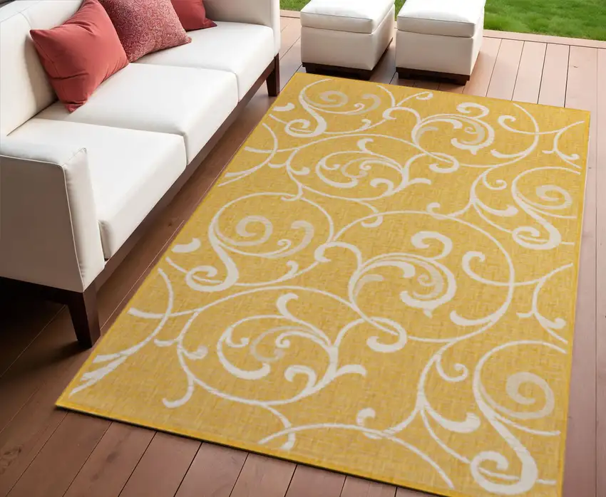 Yellow And Cream Floral Indoor Outdoor Area Rug Photo 1