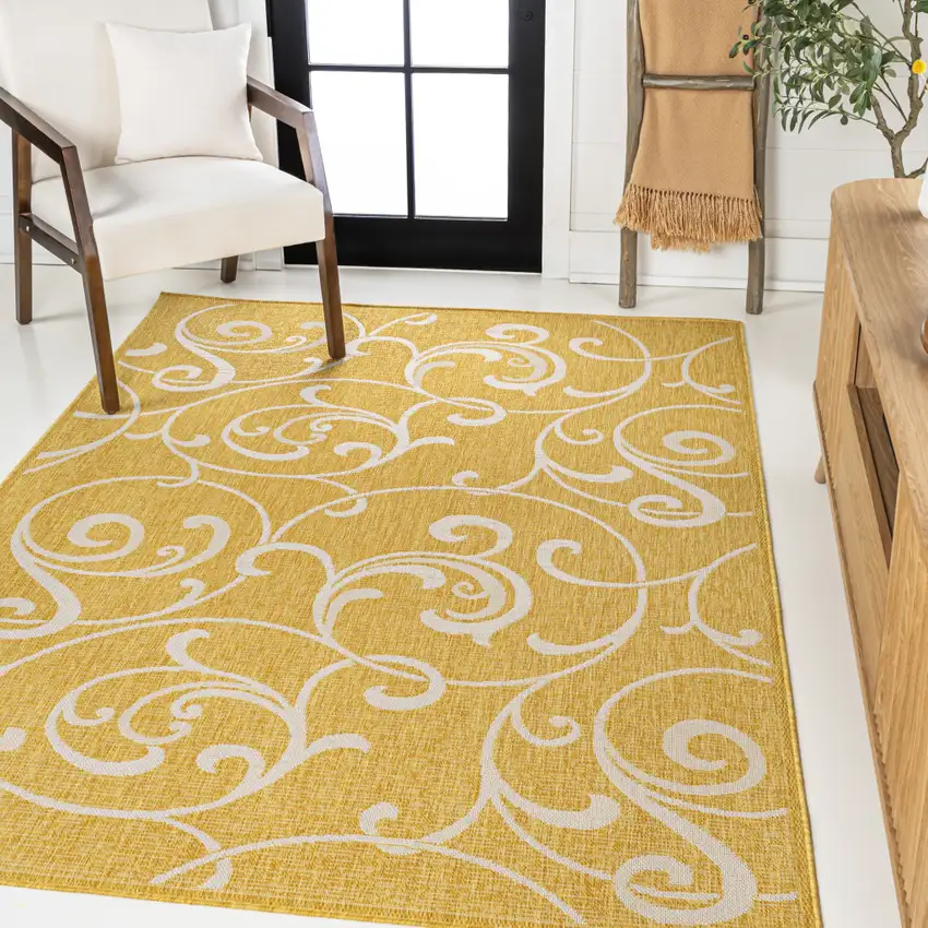 Yellow And Cream Floral Indoor Outdoor Area Rug Photo 5