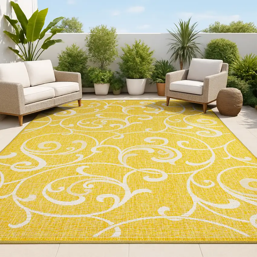 Yellow And Cream Floral Indoor Outdoor Area Rug Photo 4