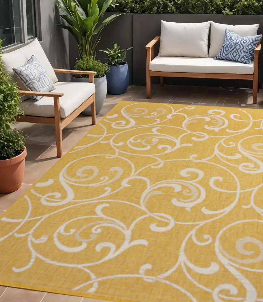 Yellow And Cream Floral Indoor Outdoor Area Rug Photo 1