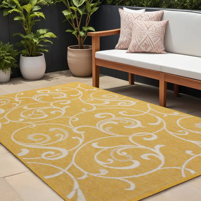 Yellow And Cream Floral Indoor Outdoor Area Rug Photo 1