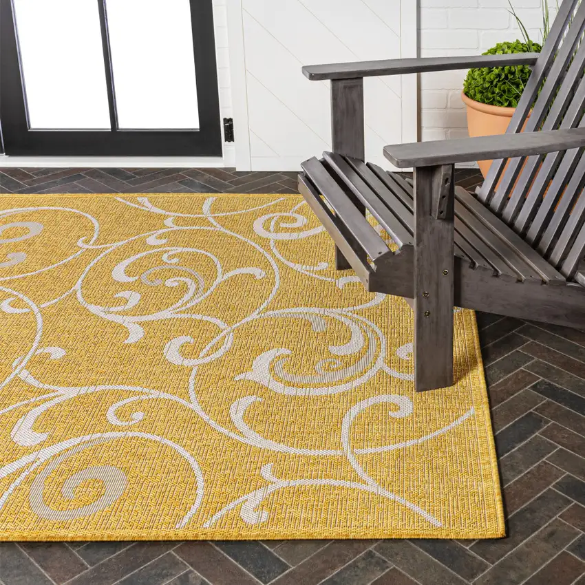 Yellow And Cream Floral Indoor Outdoor Area Rug Photo 9