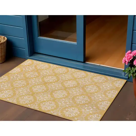 Yellow And Cream Floral Indoor Outdoor Area Rug Photo 1