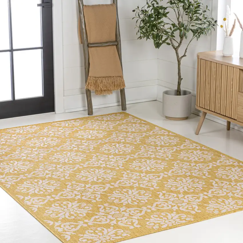 Yellow And Cream Floral Indoor Outdoor Area Rug Photo 7