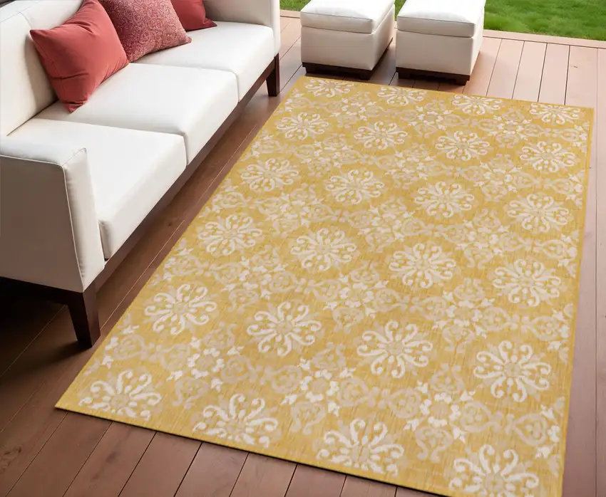 Yellow And Cream Floral Indoor Outdoor Area Rug Photo 1