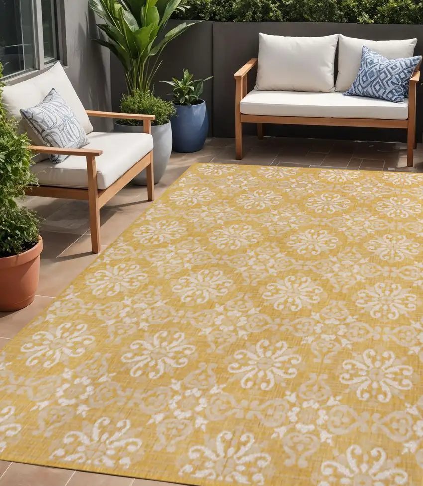 Yellow And Cream Floral Indoor Outdoor Area Rug Photo 1