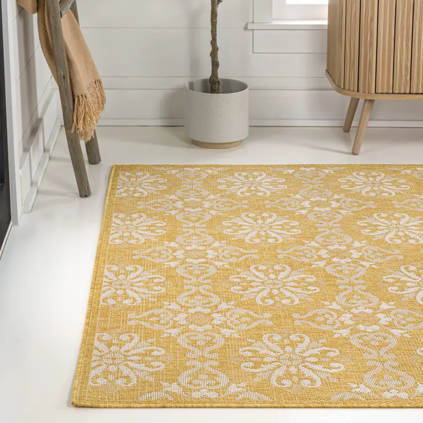 Yellow And Cream Floral Indoor Outdoor Area Rug Photo 5