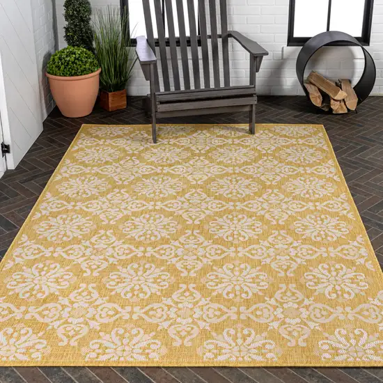 Yellow And Cream Floral Indoor Outdoor Area Rug Photo 9