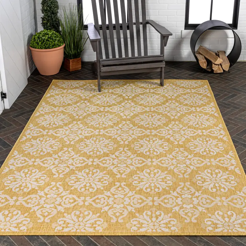 Yellow And Cream Floral Indoor Outdoor Area Rug Photo 9