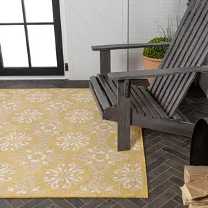 Photo of Yellow And Cream Floral Indoor Outdoor Area Rug