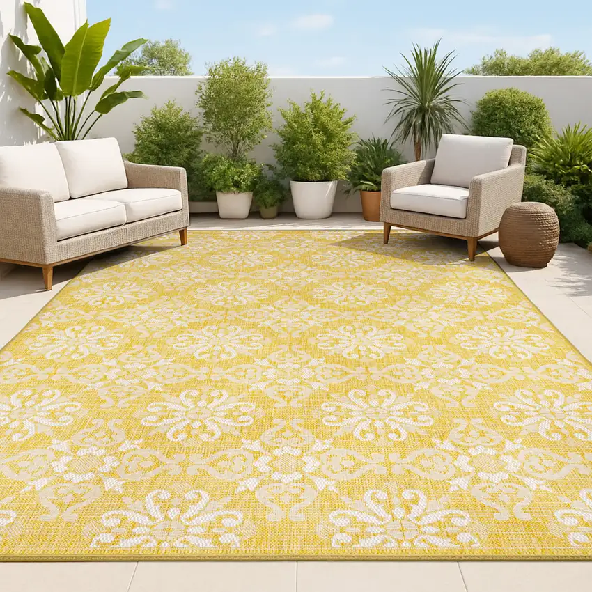 Yellow And Cream Floral Indoor Outdoor Area Rug Photo 4