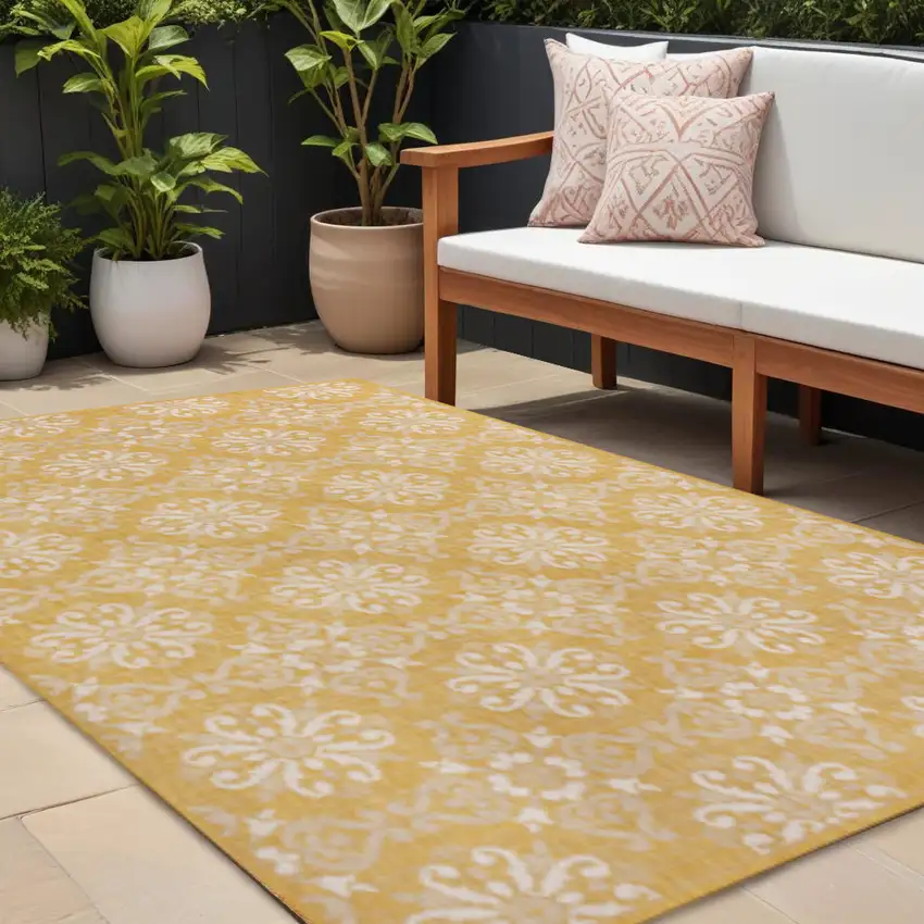 Yellow And Cream Floral Indoor Outdoor Area Rug Photo 1