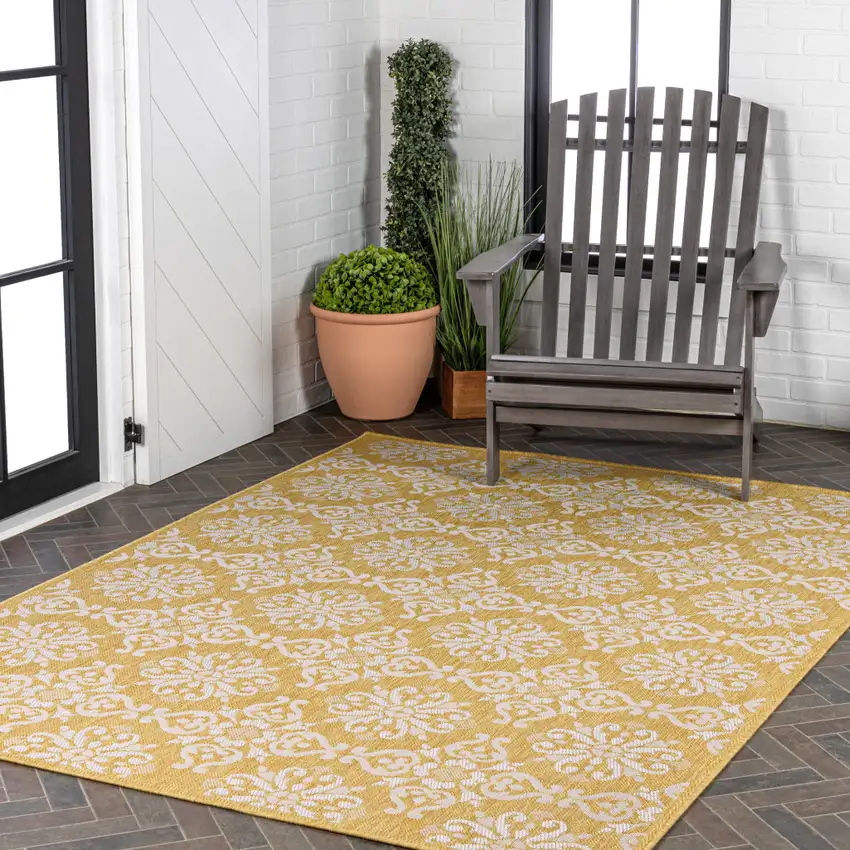 Yellow And Cream Floral Indoor Outdoor Area Rug Photo 9
