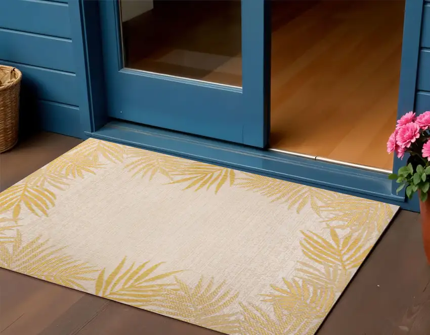 Yellow And Cream Floral Indoor Outdoor Area Rug Photo 1