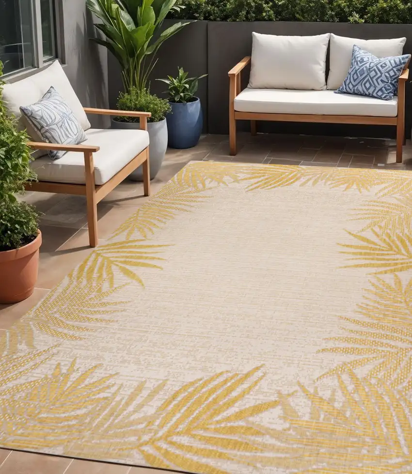 Yellow And Cream Floral Indoor Outdoor Area Rug Photo 1