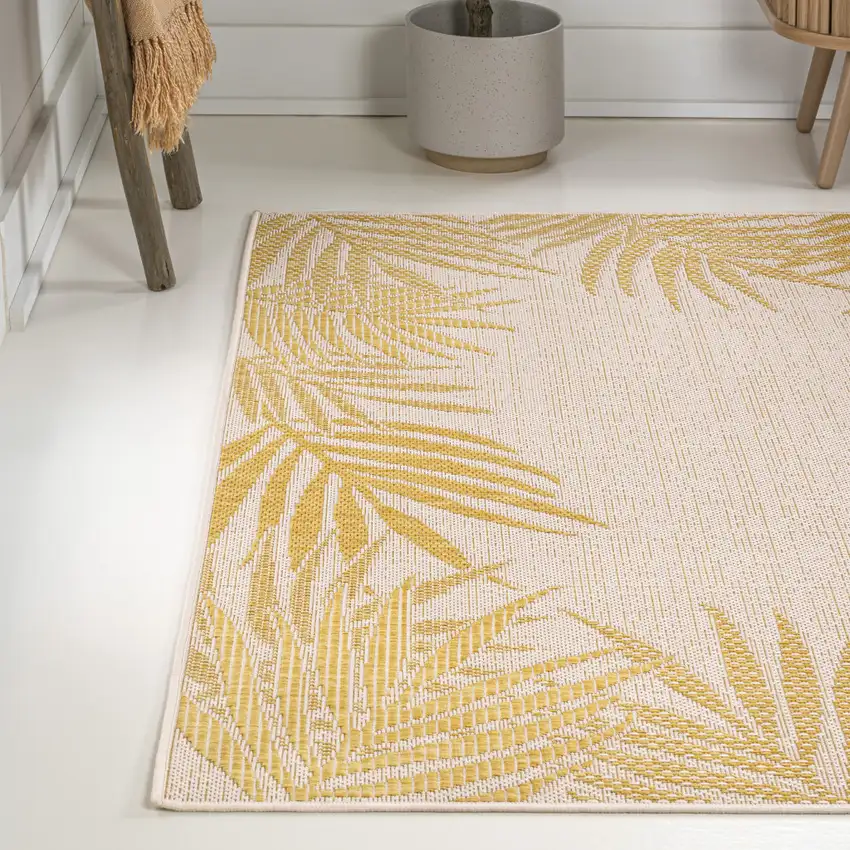 Yellow And Cream Floral Indoor Outdoor Area Rug Photo 5