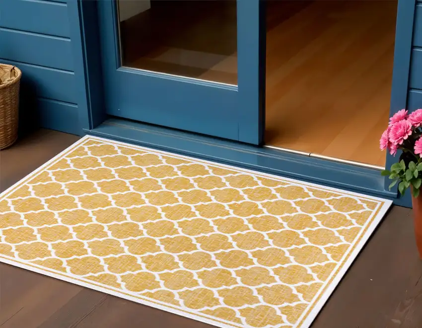 Yellow And Cream Geometric Indoor Outdoor Area Rug Photo 1